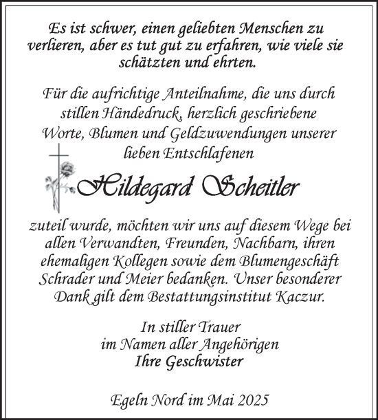 Traueranzeige von Hildegard Scheitler von Volksstimme Staßfurt