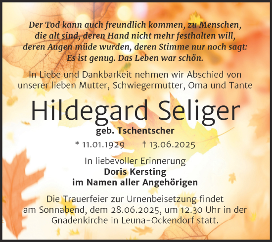 Traueranzeige von Hildegard Seliger von Trauerkombi Merseburg