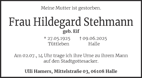 Traueranzeige von Hildegard Stehmann von Mitteldeutsche Zeitung Halle/Saalkreis