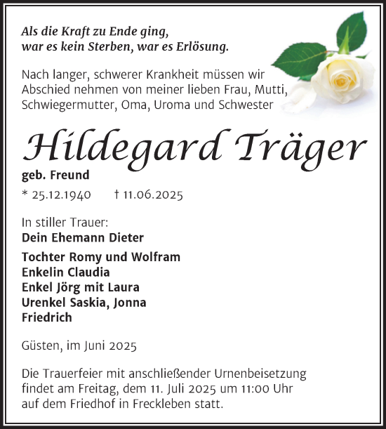 Traueranzeige von Hildegard Träger von Mitteldeutsche Zeitung Aschersleben