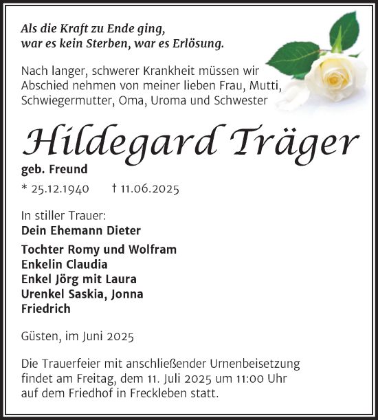 Traueranzeige von Hildegard Träger von Volksstimme Staßfurt