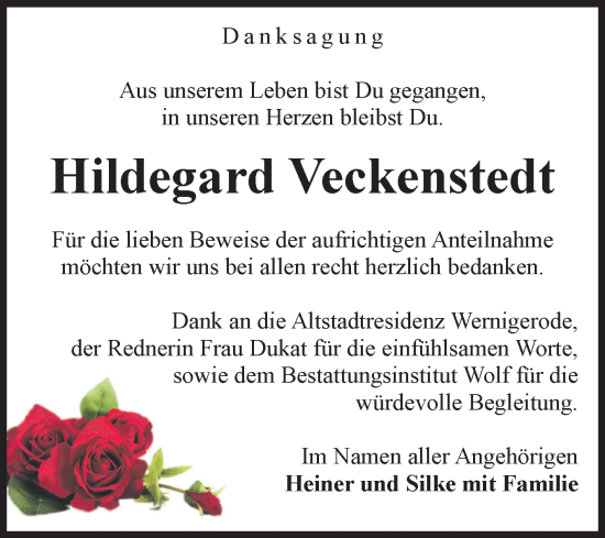 Traueranzeige von Hildegard Veckenstedt von Volksstimme Wernigerode