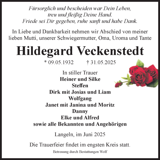 Traueranzeige von Hildegard Veckenstedt von Volksstimme Wernigerode