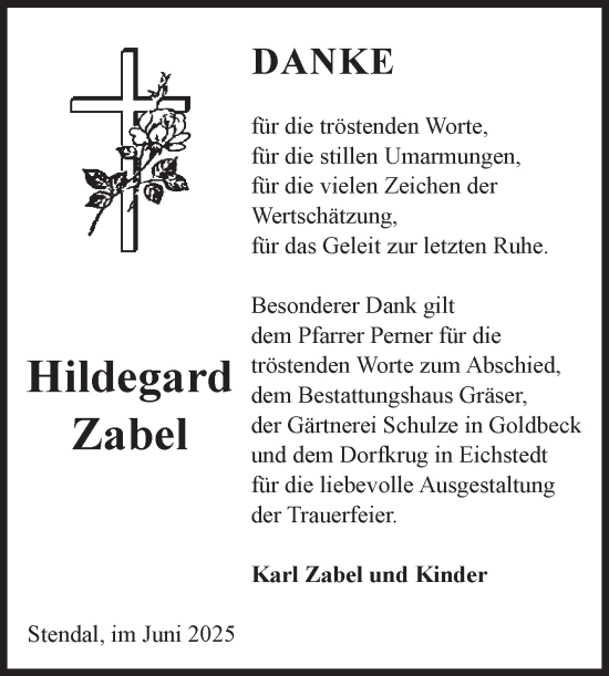 Traueranzeige von Hildegard Zabel von Volksstimme Altmark Ost