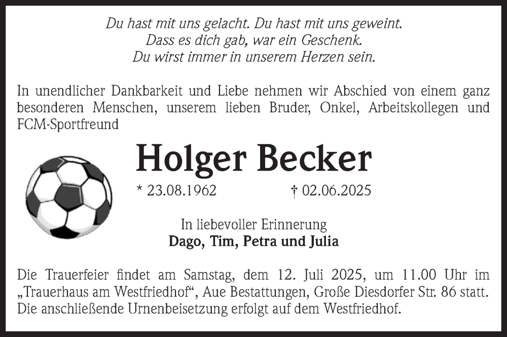  Traueranzeige für Holger Becker vom 28.06.2025 aus Volksstimme Wernigerode