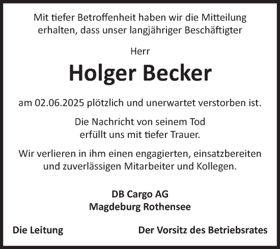 Traueranzeige von Holger Becker von Volksstimme Magdeburg