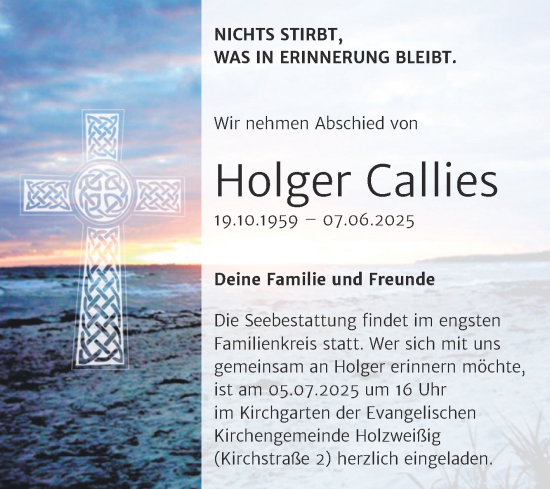 Traueranzeige von Holger Callies von Trauerkombi Bitterfeld