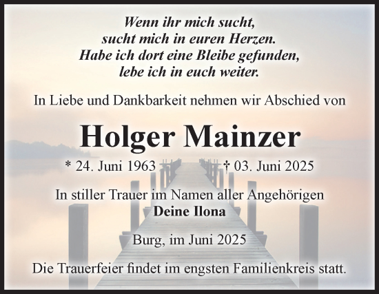 Traueranzeige von Holger Mainzer von Volksstimme Burg/Genthin
