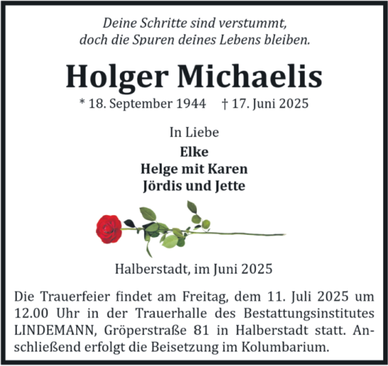 Traueranzeige von Holger Michaelis von Volksstimme Halberstadt