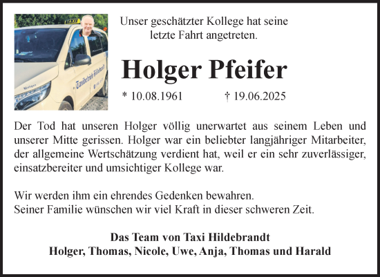 Traueranzeige von Holger Pfeifer von Volksstimme Wernigerode