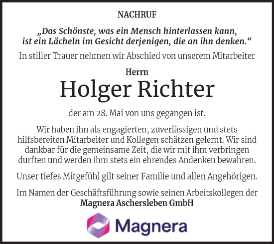 Traueranzeige von Holger Richter von Mitteldeutsche Zeitung Aschersleben
