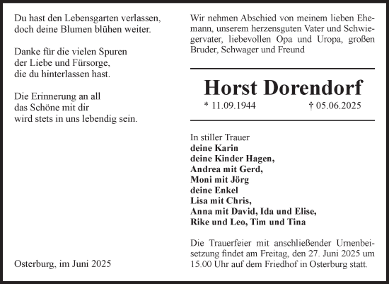 Traueranzeige von Horst Dorendorf von Volksstimme Altmark Ost