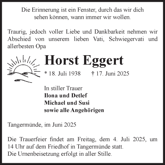 Traueranzeige von Horst Eggert von Volksstimme Altmark Ost