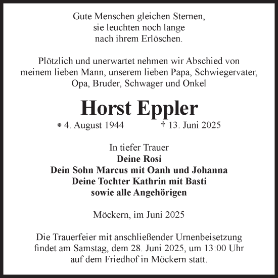 Traueranzeige von Horst Eppler von Volksstimme Burg/Genthin
