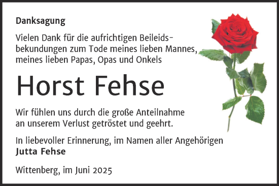 Traueranzeige von Horst Fehse von Trauerkombi Wittenberg