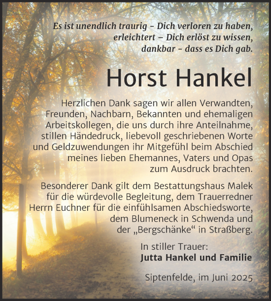 Traueranzeige von Horst Hankel von Trauerkombi Quedlinburg
