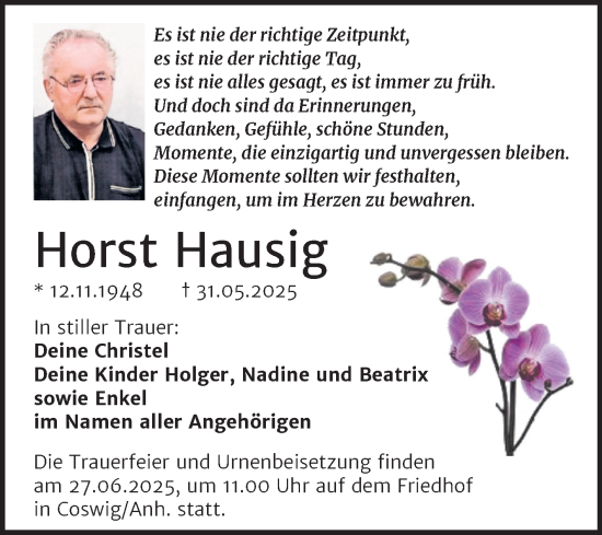 Traueranzeige von Horst Hausig von Trauerkombi Wittenberg