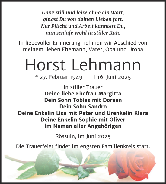 Traueranzeige von Horst Lehmann von Trauerkombi Weißenfels