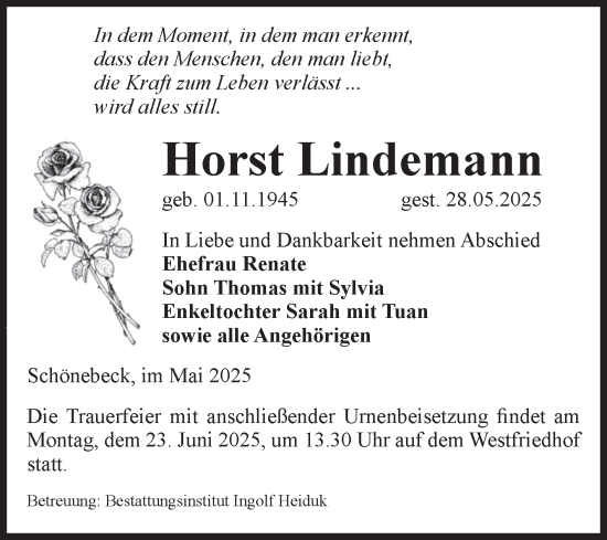 Traueranzeige von Horst Lindemann von Volksstimme Schönebeck