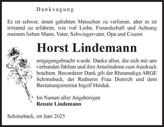 Traueranzeige von Horst Lindemann von Volksstimme Schönebeck
