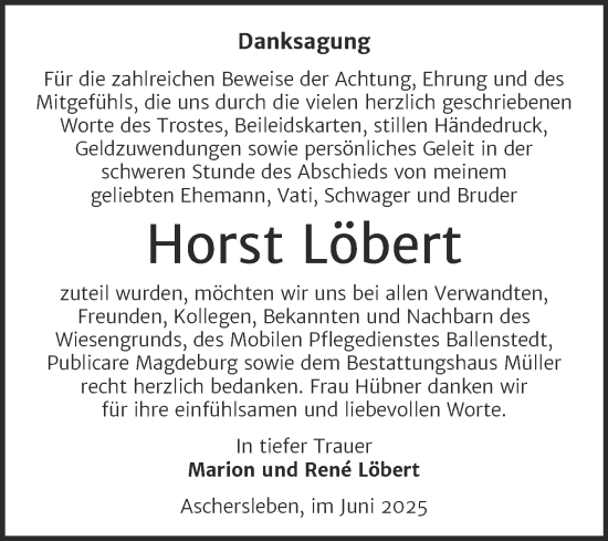 Traueranzeige von Horst Löbert von Trauerkombi Aschersleben