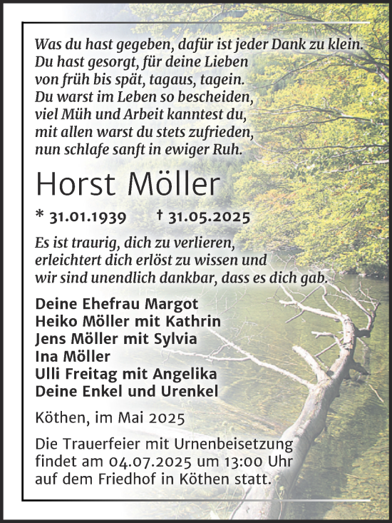 Traueranzeige von Horst Möller von Trauerkombi Köthen