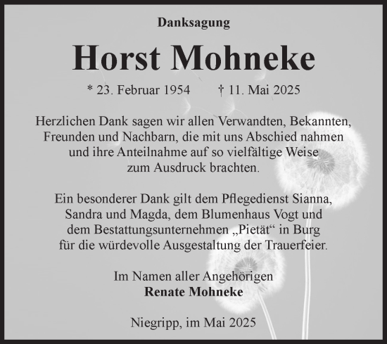 Traueranzeige von Horst Mohneke von Volksstimme Burg/Genthin