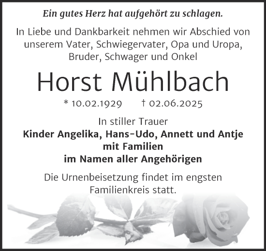 Traueranzeige von Horst Mühlbach von Trauerkombi Bernburg