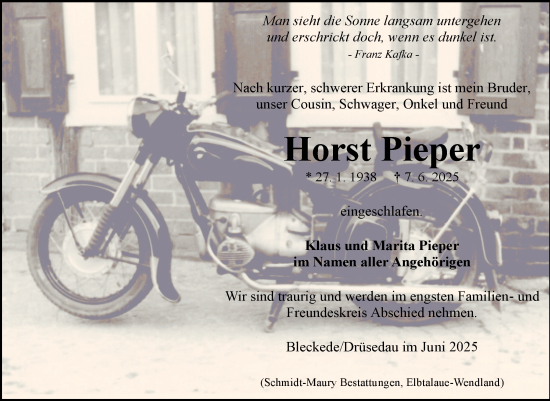 Traueranzeige von Horst Pieper von Volksstimme Altmark Ost