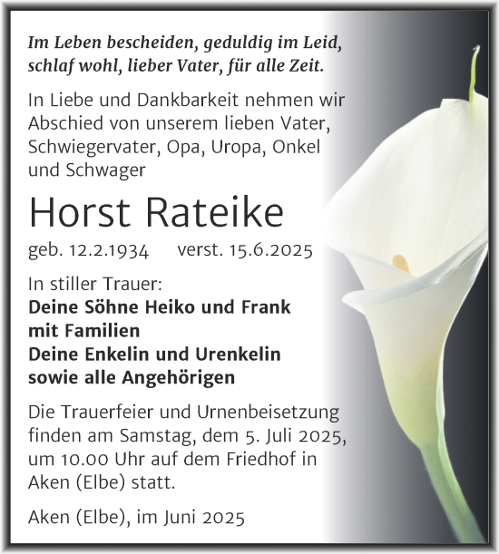 Traueranzeige von Horst Rateike von Trauerkombi Köthen