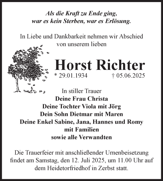 Traueranzeige von Horst Richter von Volksstimme Zerbst
