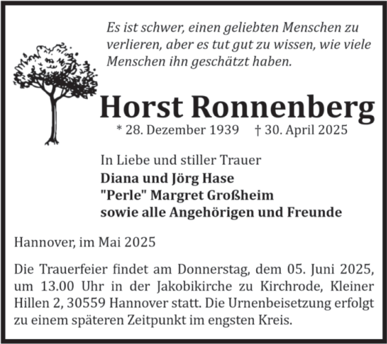 Traueranzeige von Horst Ronnenberg von Volksstimme Wernigerode