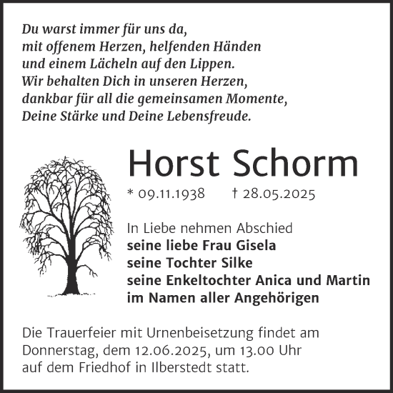Traueranzeige von Horst Schorm von Trauerkombi Bernburg