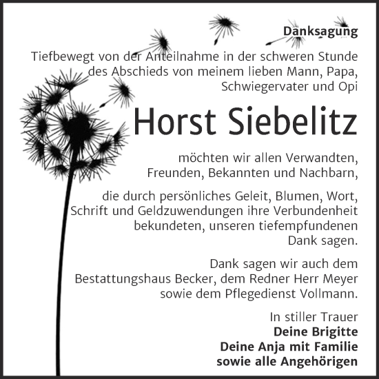 Traueranzeige von Horst Siebelitz von Trauerkombi Sangerhausen