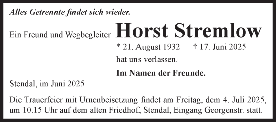 Traueranzeige von Horst Stremlow von Volksstimme Altmark Ost