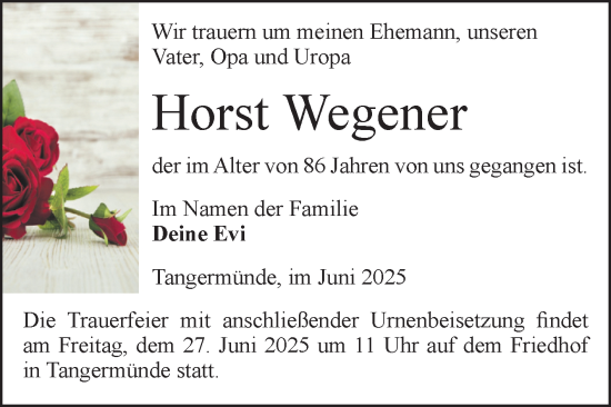 Traueranzeige von Horst Wegener von Volksstimme Altmark Ost