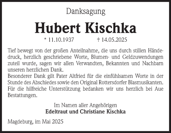 Traueranzeige von Hubert Kischka von Volksstimme Magdeburg