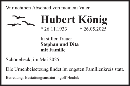 Traueranzeige von Hubert König von Volksstimme Schönebeck