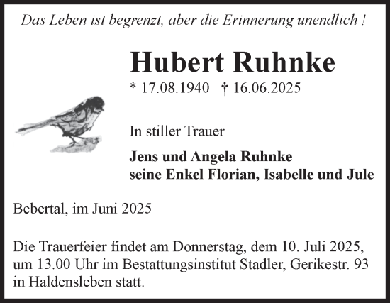 Traueranzeige von Hubert Ruhnke von Volksstimme Haldensleben/Wolmirstedt