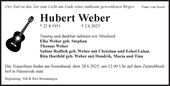 Traueranzeige von Hubert Weber von Volksstimme Wernigerode