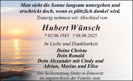 Traueranzeige von Hubert Wünsch von Mitteldeutsche Zeitung Dessau-Roßlau