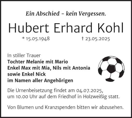 Traueranzeige von Hubert Erhard Kohl von Trauerkombi Bitterfeld