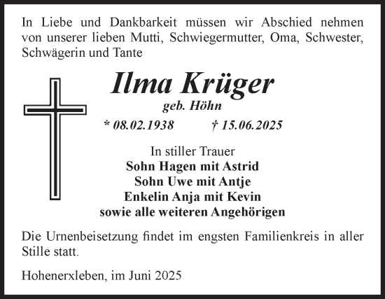 Traueranzeige von Ilma Krüger 