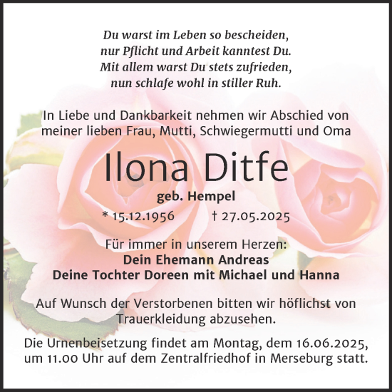 Traueranzeige von Ilona Ditfe von Trauerkombi Merseburg