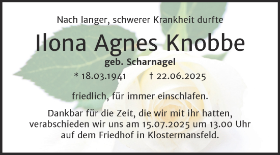 Traueranzeige von Ilona Agnes Knobbe von Trauerkombi Mansfelder Land