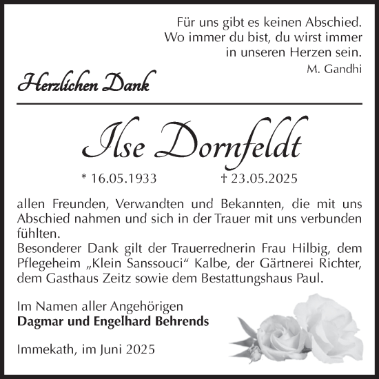 Traueranzeige von Ilse Dornfeldt von Volksstimme Altmark West