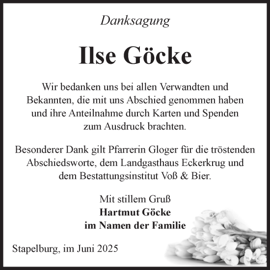 Traueranzeige von Ilse Göcke von Volksstimme Wernigerode