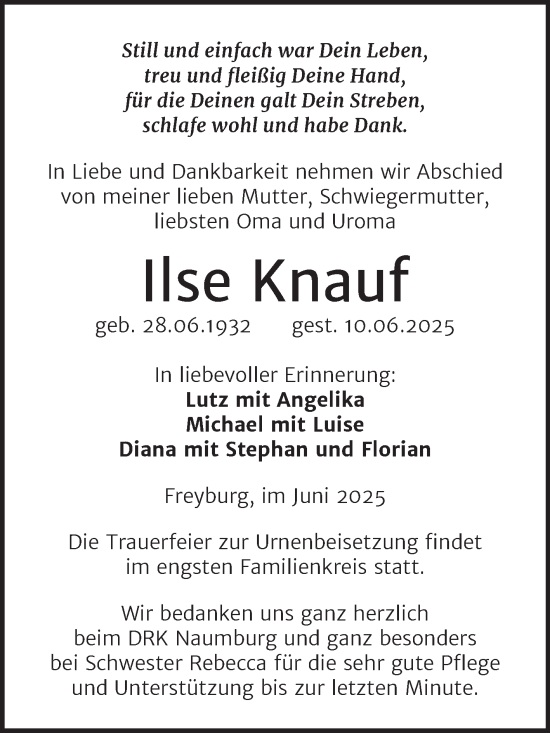 Traueranzeige von Ilse Knauf von Naumburger Tageblatt