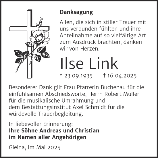 Traueranzeige von Ilse Link von Super Sonntag Naumburg/Nebra