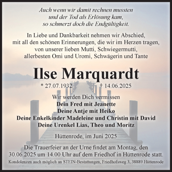 Traueranzeige von Ilse Marquardt von Volksstimme Wernigerode